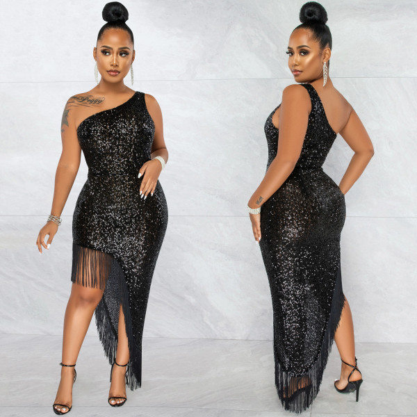 Fashion sexy sequined diagonal collar one shoulder irregular slit long beard dress