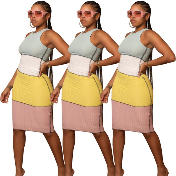 Fashion Casual Summer Ribbed Pit Strip Contrast Slim Fit Sleeveless Dress