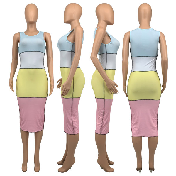 Fashion Casual Summer Ribbed Pit Strip Contrast Slim Fit Sleeveless Dress