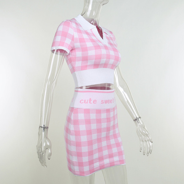 Short-sleeved hip skirt woolen plaid pure desire style suit
