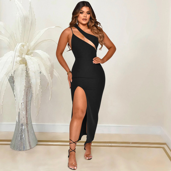 Diagonal collar sexy suspenders sleeveless irregular slit long dress women