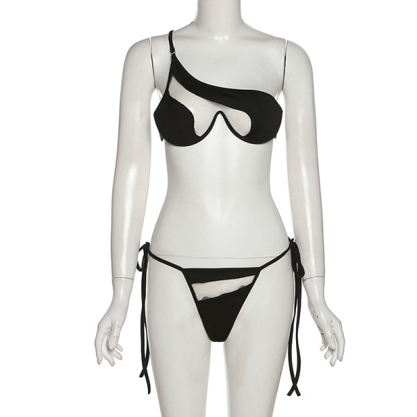 Women's sexy one-shoulder see-through mesh vest strapping briefs suit women