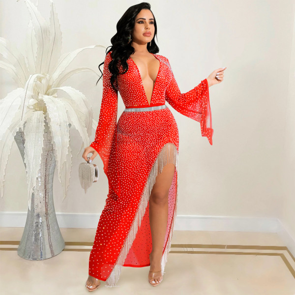 Fashion sexy nightclub hot drill deep V wide-sleeved irregular slit streamer long skirt dress female