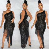 Fashion sexy sequined diagonal collar one shoulder irregular slit long beard dress