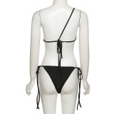 Women's sexy one-shoulder see-through mesh vest strapping briefs suit women