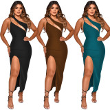 Diagonal collar sexy suspenders sleeveless irregular slit long dress women