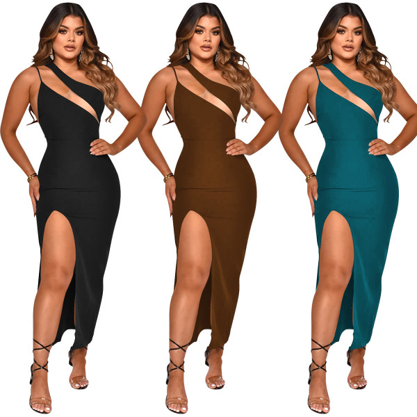 Diagonal collar sexy suspenders sleeveless irregular slit long dress women