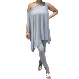 Women's Fashion Sleeveless Oblique Off-the-shoulder Solid Color Two-piece Suit