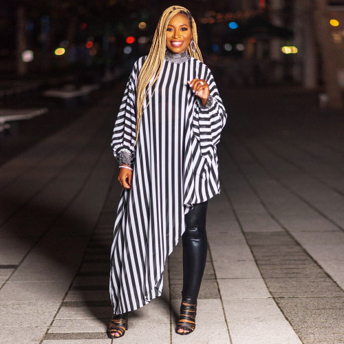 Sexy Black and White Striped Irregular Skirt Nightclub Suit