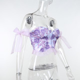Sexy Floral Tight Bow Knot Off Shoulder Sling Top Fashion Design Open Back Showing Chest Tank Top