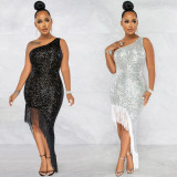 Fashion sexy sequined diagonal collar one shoulder irregular slit long beard dress
