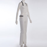 Hanging neck zipper exposed navel wrap chest solid color casual trousers small sexy hollow two-piece suit