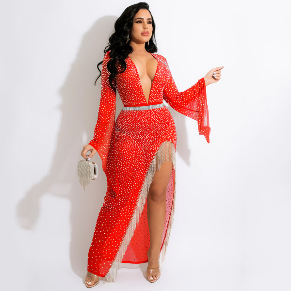 Fashion sexy nightclub hot drill deep V wide-sleeved irregular slit streamer long skirt dress female
