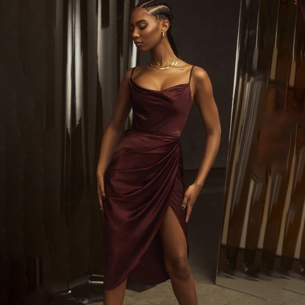 Sexy Slit Satin Slim Fit Sexy Sling Slit Dress Women