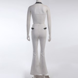 Hanging neck zipper exposed navel wrap chest solid color casual trousers small sexy hollow two-piece suit