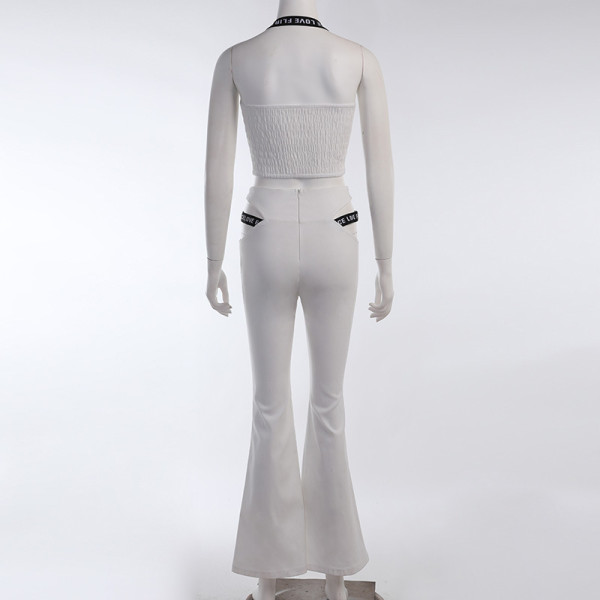 Hanging neck zipper exposed navel wrap chest solid color casual trousers small sexy hollow two-piece suit