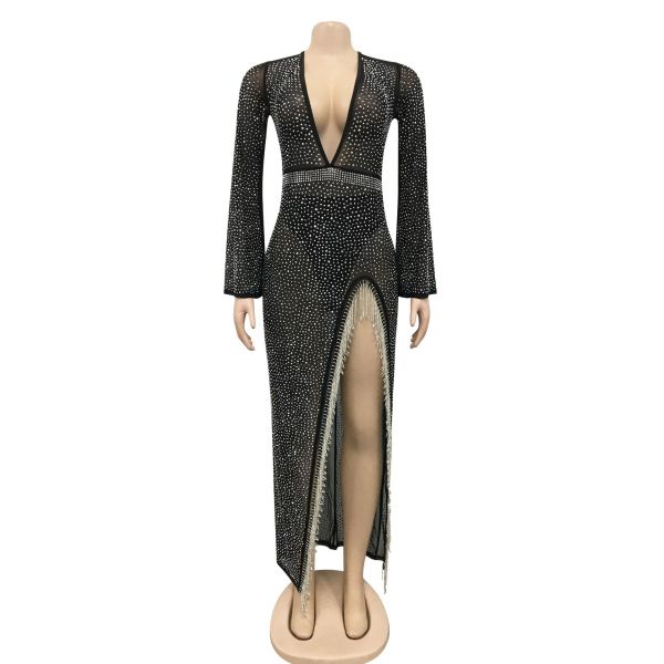 Fashion sexy nightclub hot drill deep V wide-sleeved irregular slit streamer long skirt dress female