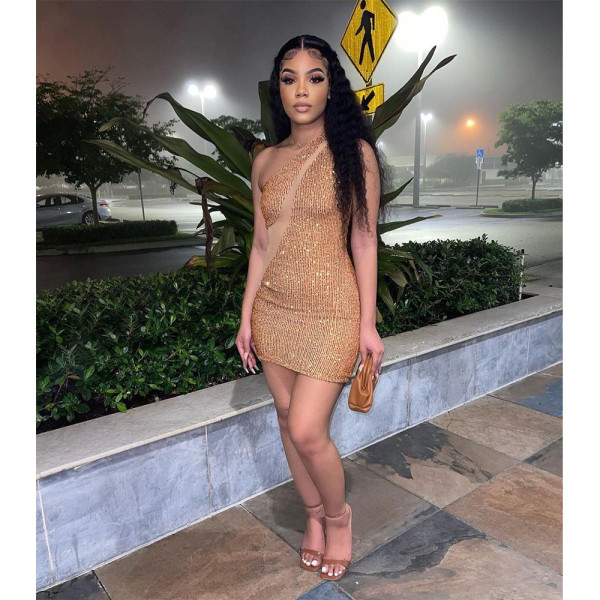 Oblique shoulder sequin mesh sexy fashion hip dress