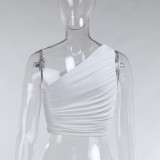 Sexy One Shoulder Solid Color Slim Fit Crinkled Cropped Tank Top