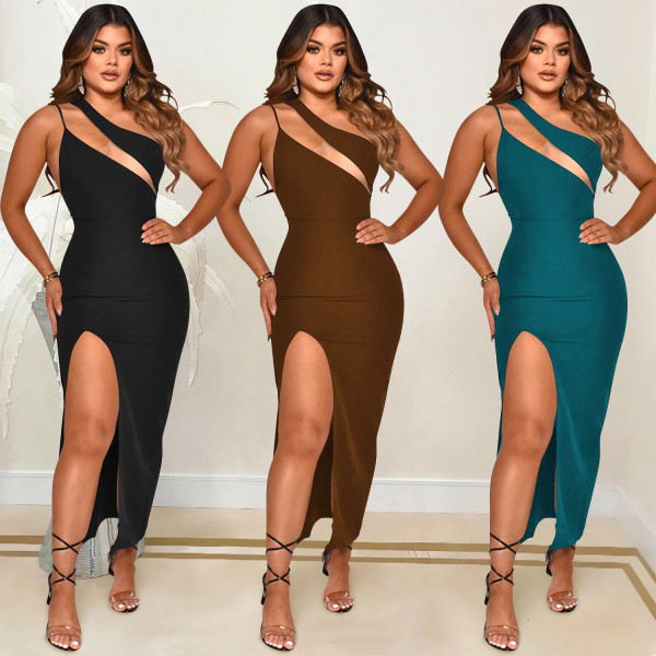 Diagonal collar sexy suspenders sleeveless irregular slit long dress women