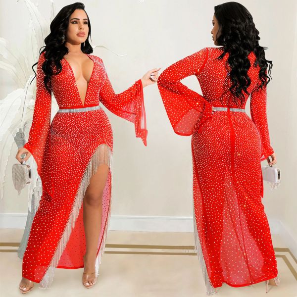 Fashion sexy nightclub hot drill deep V wide-sleeved irregular slit streamer long skirt dress female