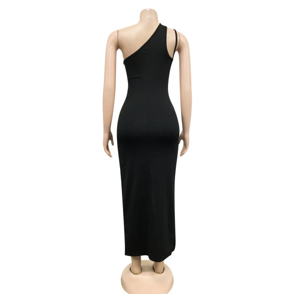 Diagonal collar sexy suspenders sleeveless irregular slit long dress women