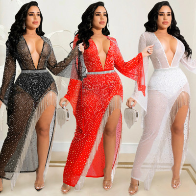 Fashion sexy nightclub hot drill deep V wide-sleeved irregular slit streamer long skirt dress female