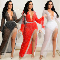 Fashion sexy nightclub hot drill deep V wide-sleeved irregular slit streamer long skirt dress female Fashion sexy nightclub hot drill deep V wide-sleeved irregular slit streamer long skirt dress female