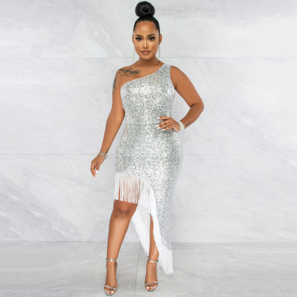 Fashion sexy sequined diagonal collar one shoulder irregular slit long beard dress