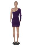 Women's nightclub solid color personality single-sleeve slanted shoulder slim sexy package hip dress women