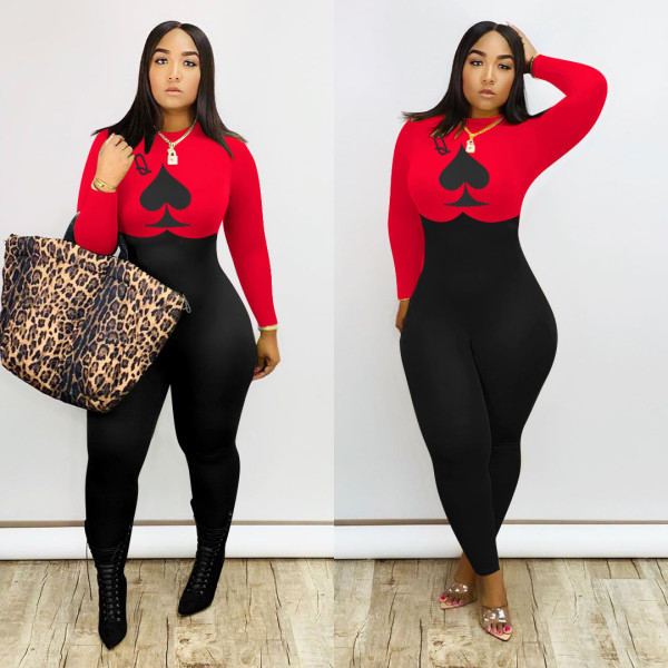 Women's Long Sleeve Poker Print Jumpsuit Women's