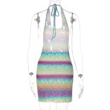 Striped camouflage lace-up open-back dress with fungus trim