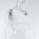 Sexy One Shoulder Solid Color Slim Fit Crinkled Cropped Tank Top