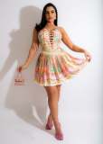 Fashion sexy tube top and eye straps irregular printed pleated skirt suit