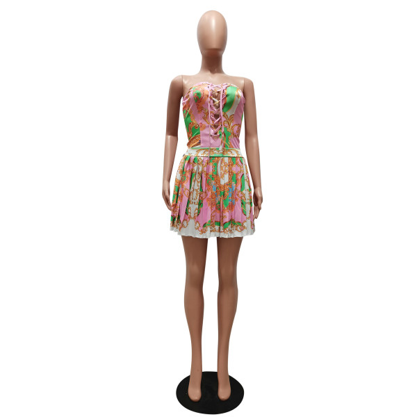 Fashion sexy tube top and eye straps irregular printed pleated skirt suit