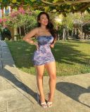 suspender print stretch drawstring dress