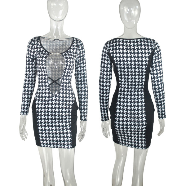 Sexy Hollow Houndstooth Nightclub Dress Irregular Hips Short Skirt