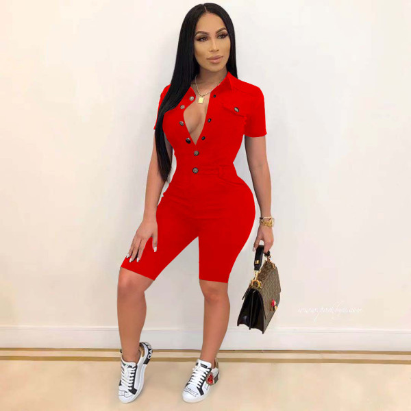 Women Fashion Button Casual Short Sleeve Solid Color Bodysuit