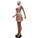 Fashion sexy tube top and eye straps irregular printed pleated skirt suit