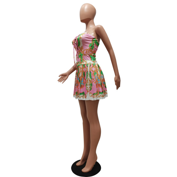 Fashion sexy tube top and eye straps irregular printed pleated skirt suit