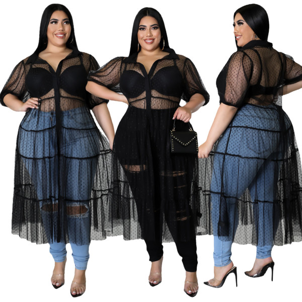 Plus Size Women's Polka Dot Mesh Crinkle Top Casual Dress