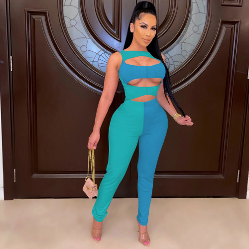 High elastic hollow two-piece color matching fashion personality suit