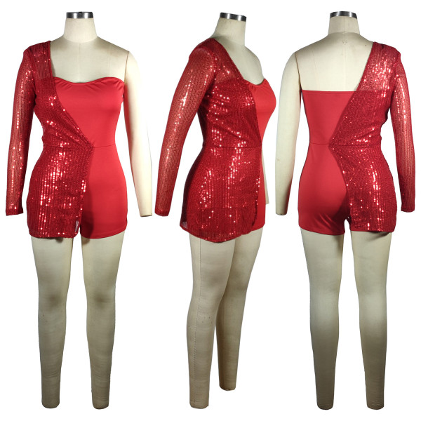 Women's sequins party half shoulder (with shoulder cotton) wrap chest (with rubber band) jumpsuit