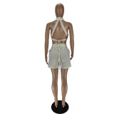 Backless Tie Collar Top High Waist Cutout Zip Shorts Set