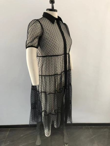 Plus Size Women's Polka Dot Mesh Crinkle Top Casual Dress