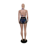Blue Sexy Fishnet Bikini Swimsuit Three Piece