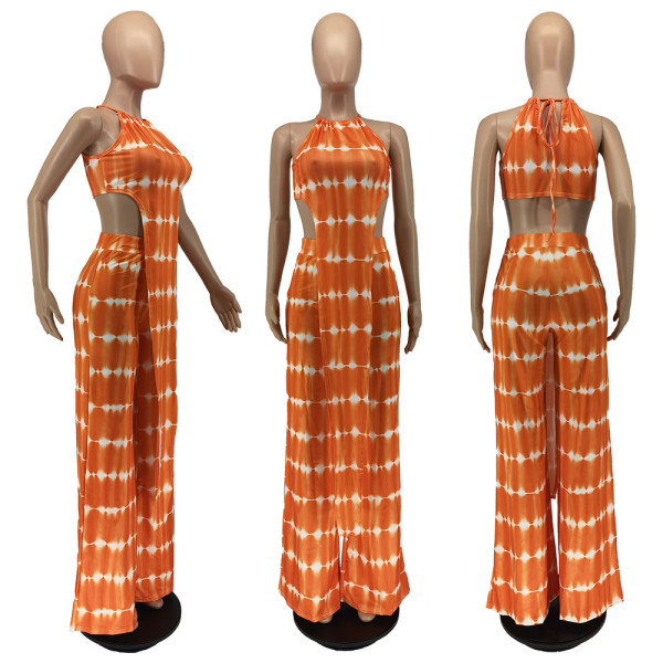Summer tie-dye print lace-up two-piece set