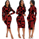 Sexy Fashion Digital Print Long Sleeve Women's One Piece Dress