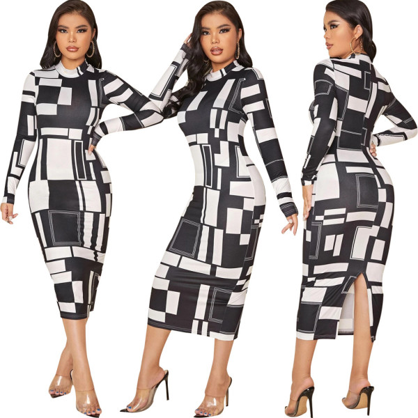 Sexy Fashion Digital Print Long Sleeve Women's One Piece Dress
