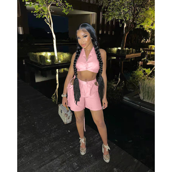 Backless Tie Collar Top High Waist Cutout Zip Shorts Set